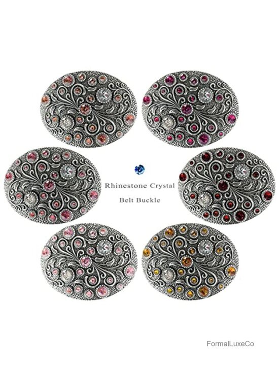 Rhinestone Crystal Belt Buckle Floral Engraved Oval Western Antique Brass main image 6